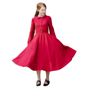 Lněné červené šaty Classic s dlouhým rukávem