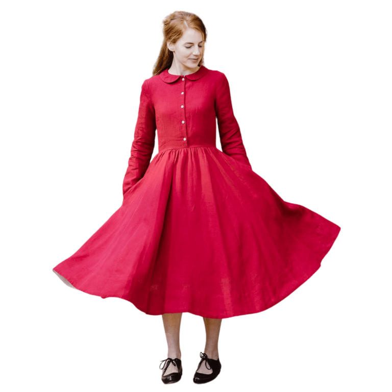 Lněné červené šaty Classic s dlouhým rukávem