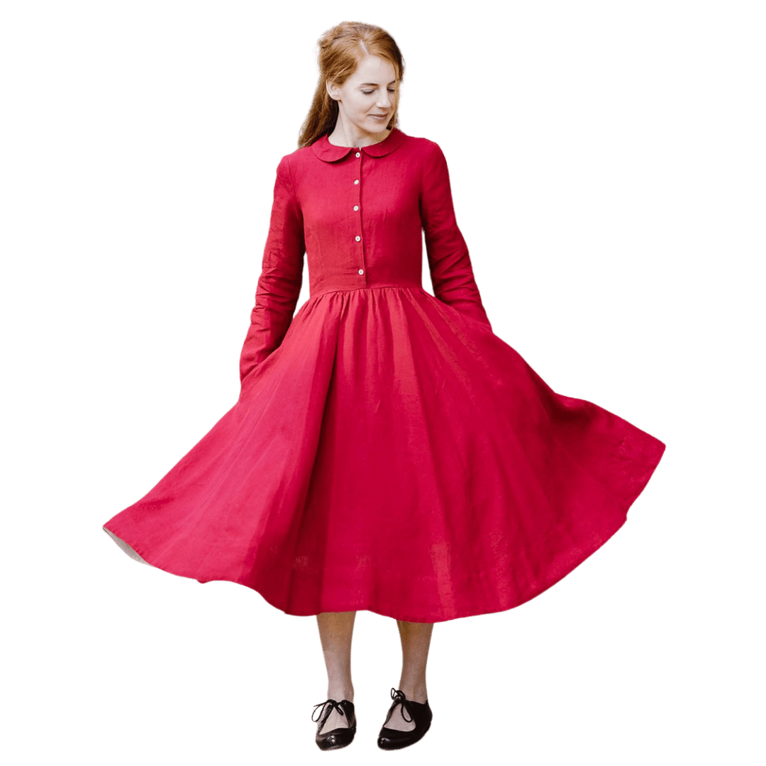 Lněné červené šaty Classic s dlouhým rukávem