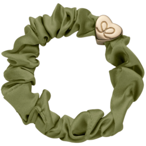 Hedvábná gumička Scrunchie se zlatým srdcem - Olive Green