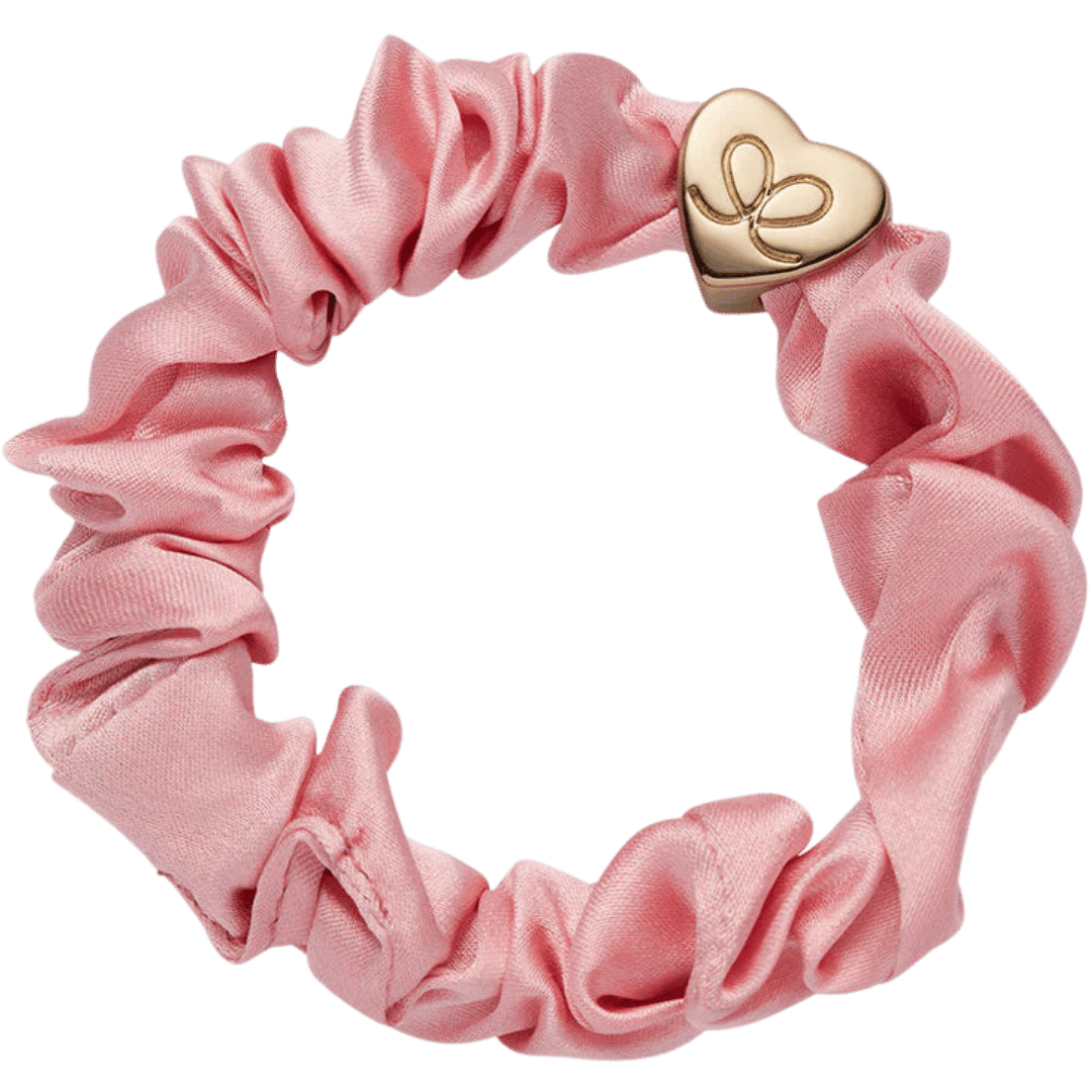 Hedvábná gumička Scrunchie se zlatým srdcem - Rose Tan